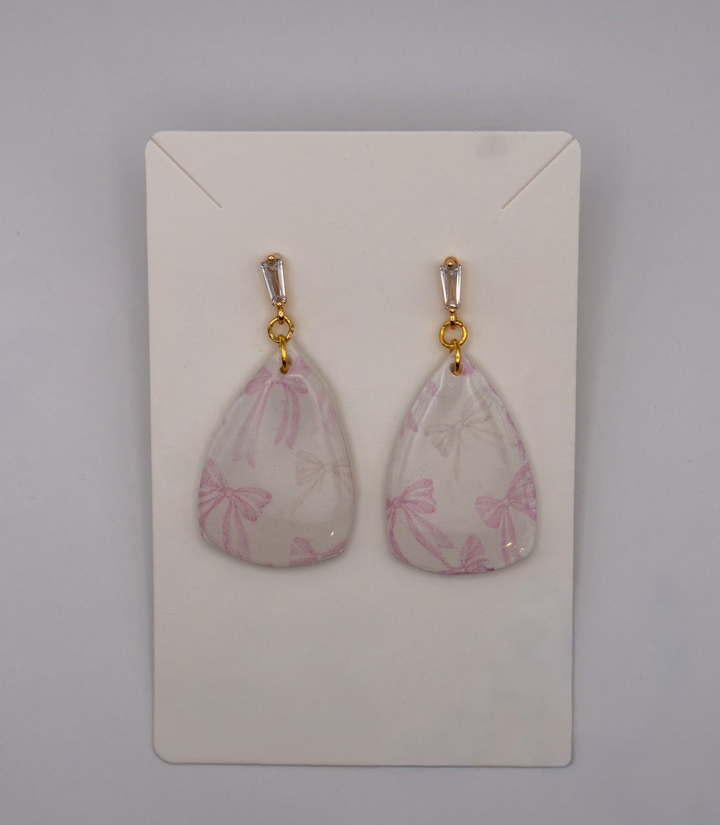 Pink Bow Print Dangle Earrings – Gold-Plated Coquette Drop Earrings