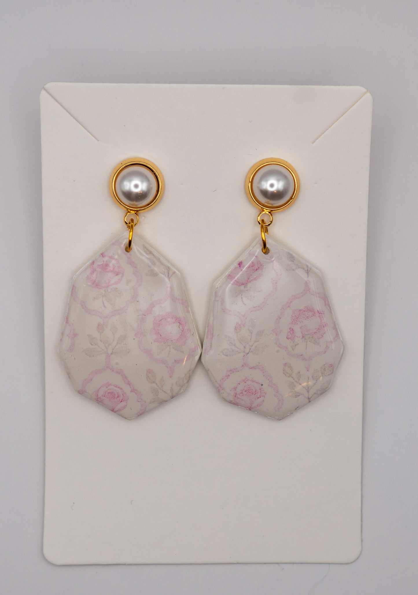 Pink Vintage Floral Coquette Dangle Earrings – Polymer Clay with 24K Gold & Pearl Studs