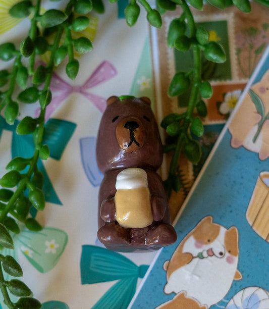 Cappy Cocoa Capybara Desk Buddy – Handmade Polymer Clay Figurine | Kawaii Animal Decor | Glossy Miniature | Cozy Shelf Sitter Gift