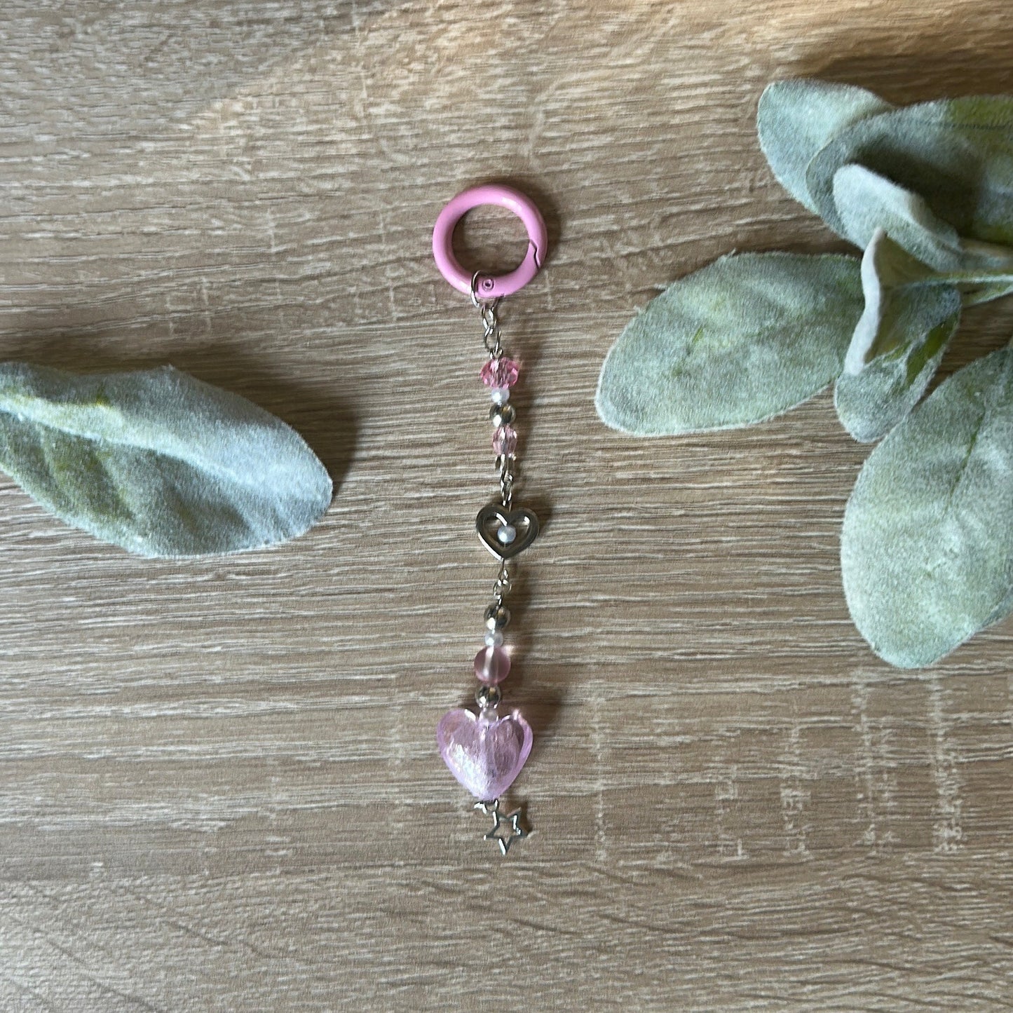 Pink Crystal Heart Keychain Handmade Glass Beaded Keyring Durable Metal Clasp for Pink Lovers & Crystal Collectors