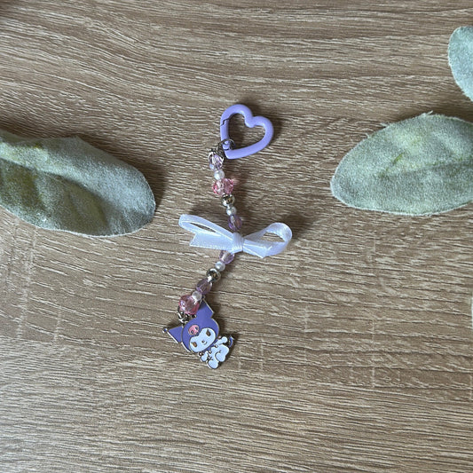 Handmade Goth Bunny Beaded Keychain with Purple Heart Charm and Bow Accents for Cute Accessories