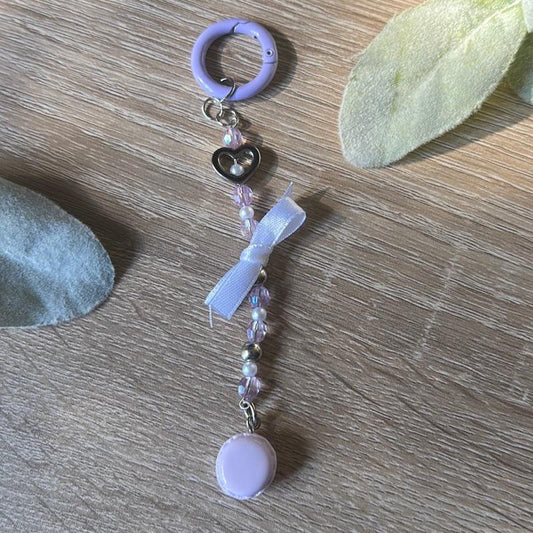 Kawaii Purple Macaroon & White Bow Keychain Handmade Beaded Charm with Durable Metal Hardware and Glossy Finish for Sweet Treat Lovers