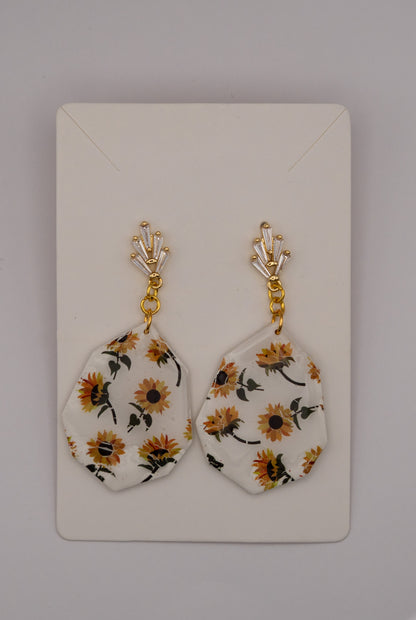 Sunflower Dangle Earrings with Crystal Leaf Findings