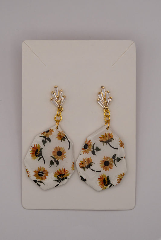 Sunflower Dangle Earrings with Crystal Leaf Findings