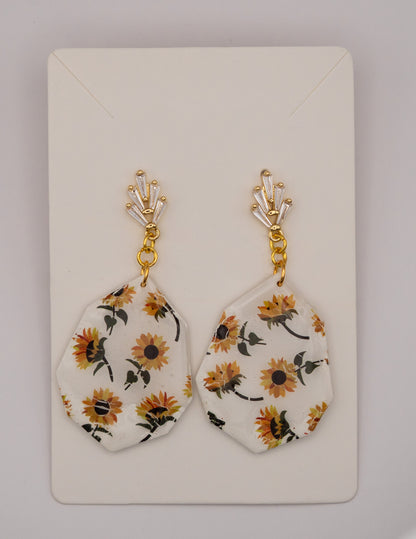 Sunflower Dangle Earrings with Crystal Leaf Findings