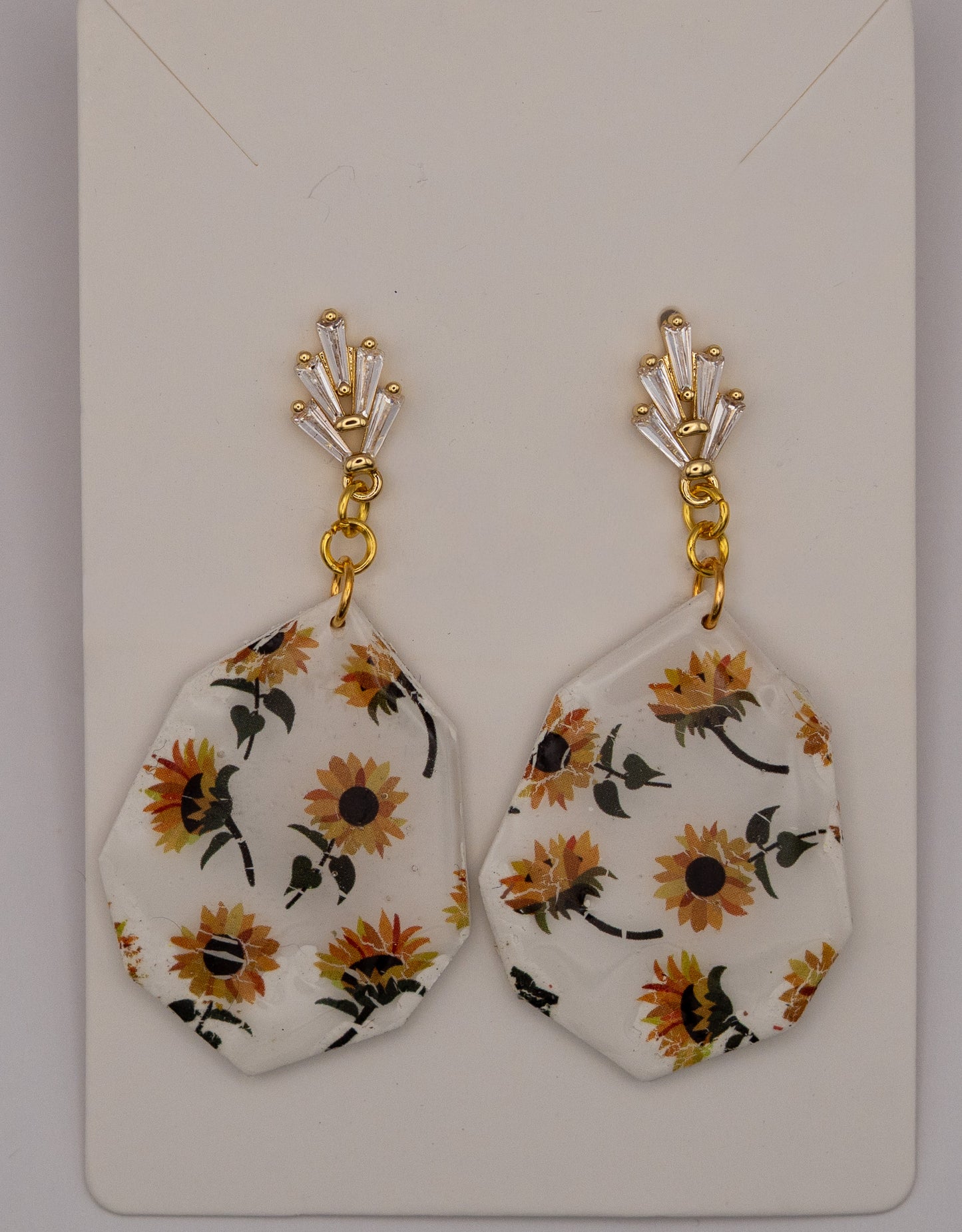 Sunflower Dangle Earrings with Crystal Leaf Findings