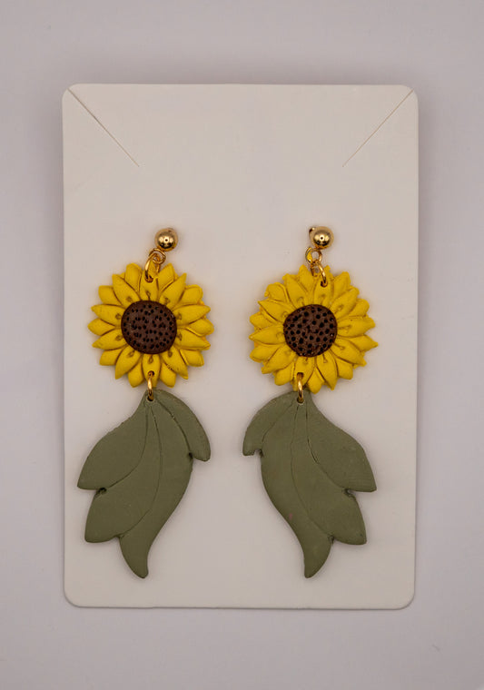 Sunflower & Leaf Dangle Earrings – 24K Gold Plated