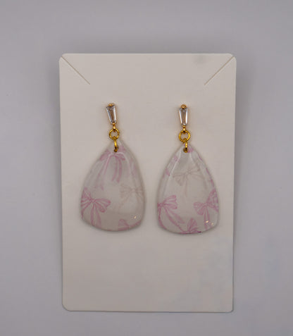 Pink Bow Print Dangle Earrings – Gold-Plated Coquette Drop Earrings