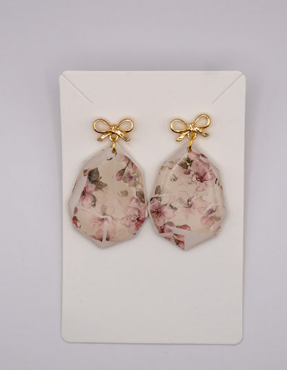 Sakura Blossom Dangle Earrings with 24K Gold Bow Studs