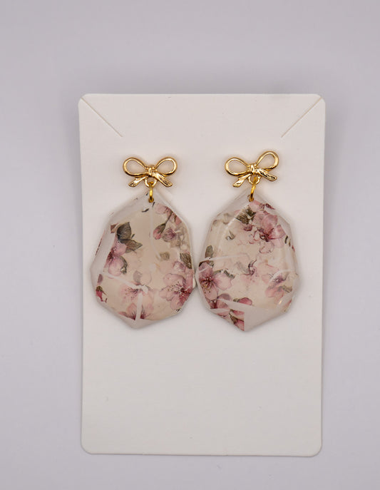 Sakura Blossom Dangle Earrings with 24K Gold Bow Studs