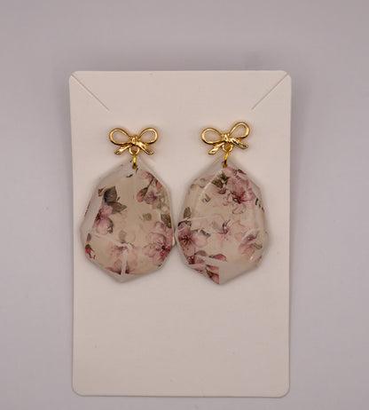 Sakura Blossom Dangle Earrings with 24K Gold Bow Studs