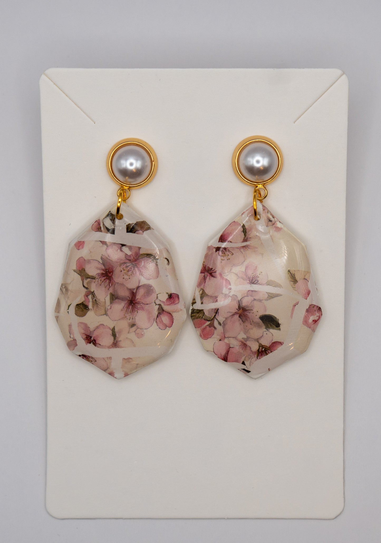 Sakura Pearl Drop Earrings – 24K Gold Plated Floral Polymer Clay