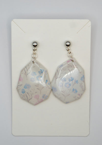 Blue & Pink Wildflower Dangle Earrings – Polymer Clay with Platinum-Plated Studs