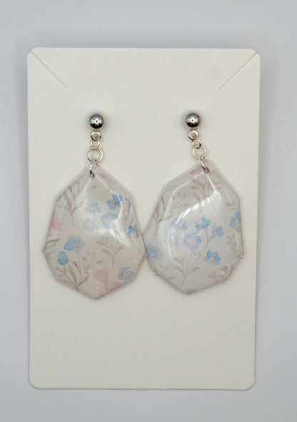 Blue & Pink Wildflower Dangle Earrings – Polymer Clay with Platinum-Plated Studs
