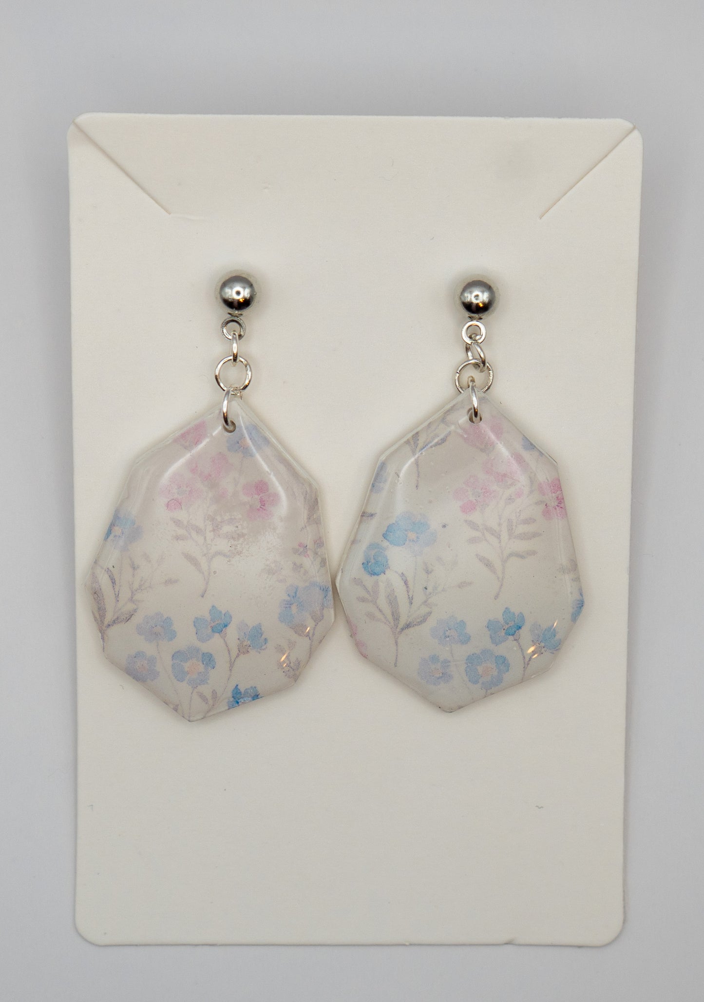 Blue & Pink Wildflower Dangle Earrings – Polymer Clay with Platinum-Plated Studs