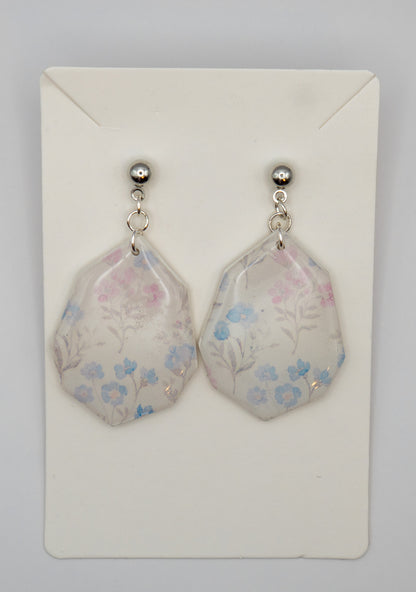 Blue & Pink Wildflower Dangle Earrings – Polymer Clay with Platinum-Plated Studs