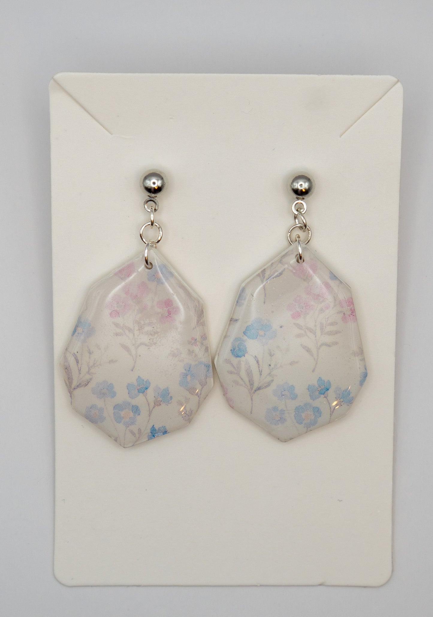 Blue & Pink Wildflower Dangle Earrings – Polymer Clay with Platinum-Plated Studs