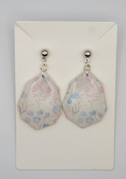 Blue & Pink Wildflower Dangle Earrings – Polymer Clay with Platinum-Plated Studs