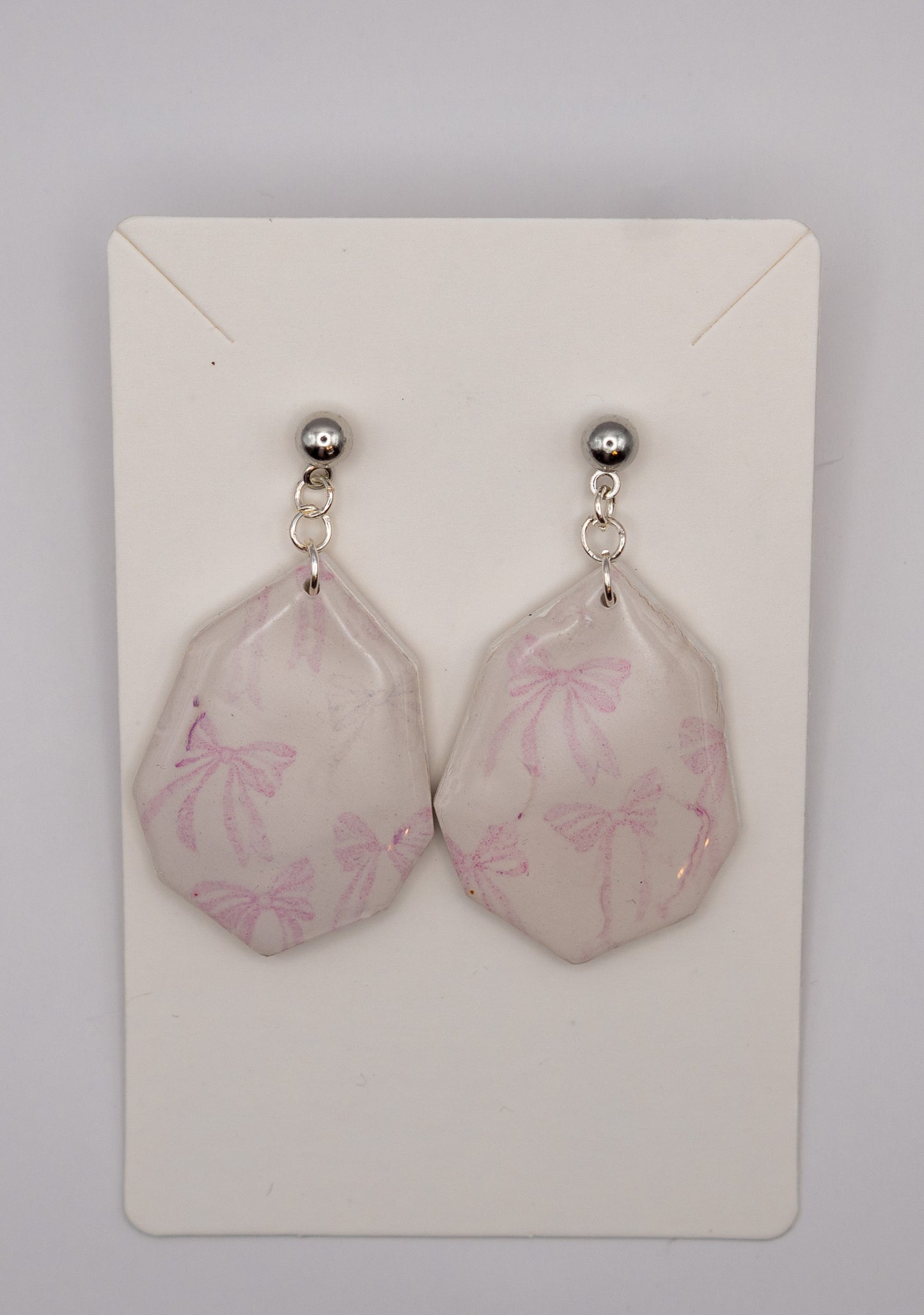 Pink & Green Bow Dangle Earrings – Polymer Clay with Platinum-Plated Studs