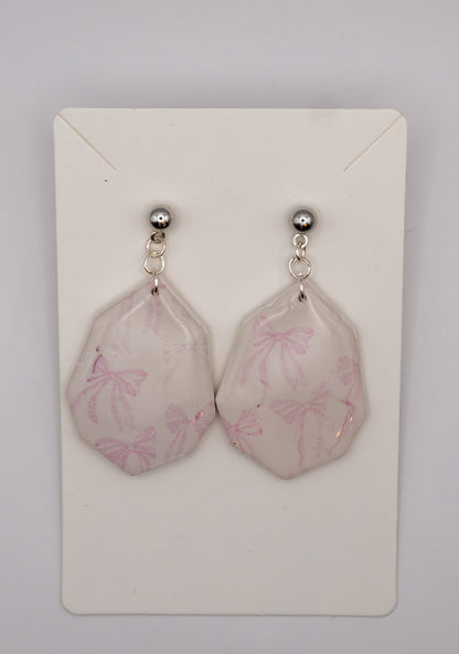 Pink & Green Bow Dangle Earrings – Polymer Clay with Platinum-Plated Studs