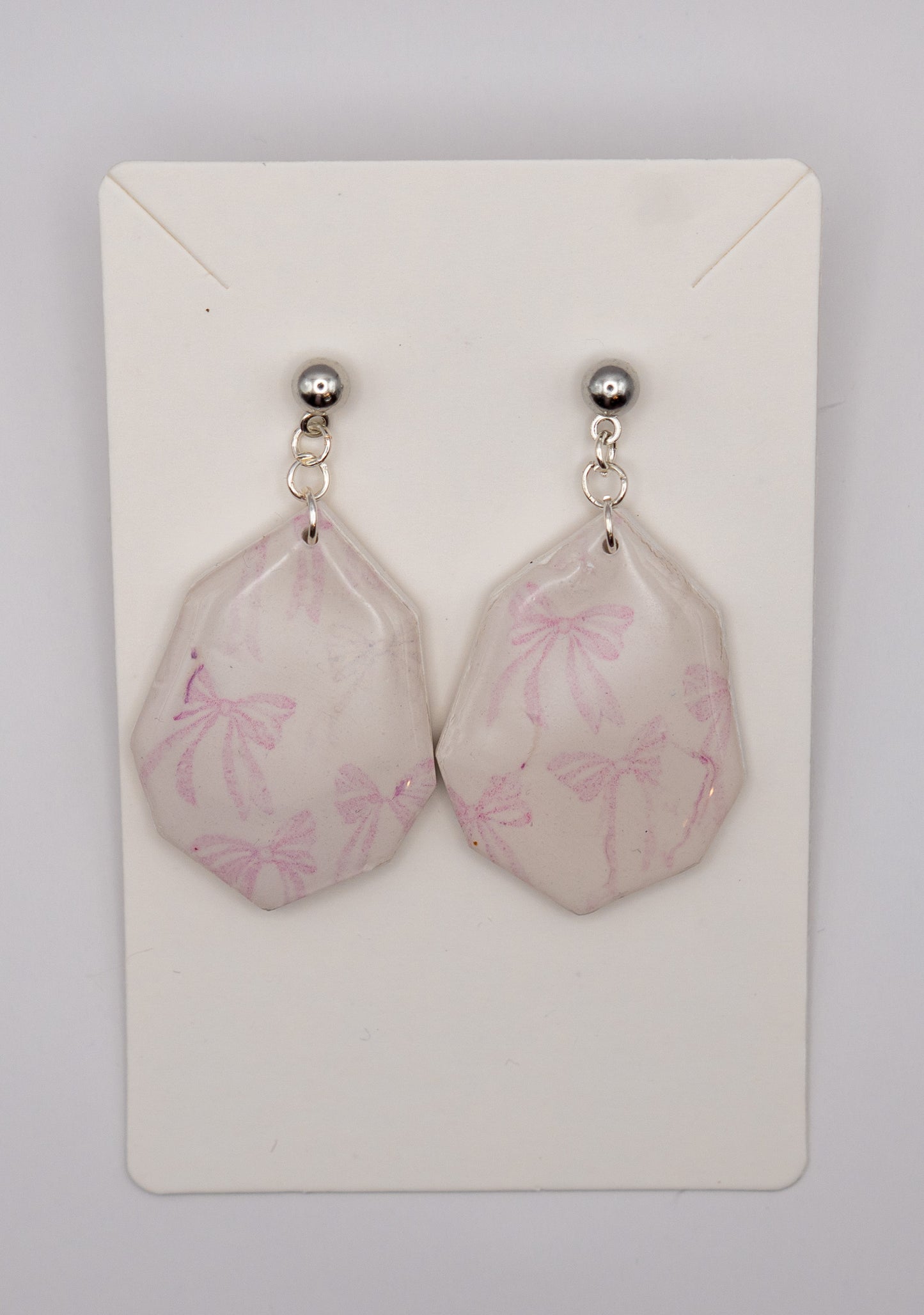 Pink & Green Bow Dangle Earrings – Polymer Clay with Platinum-Plated Studs