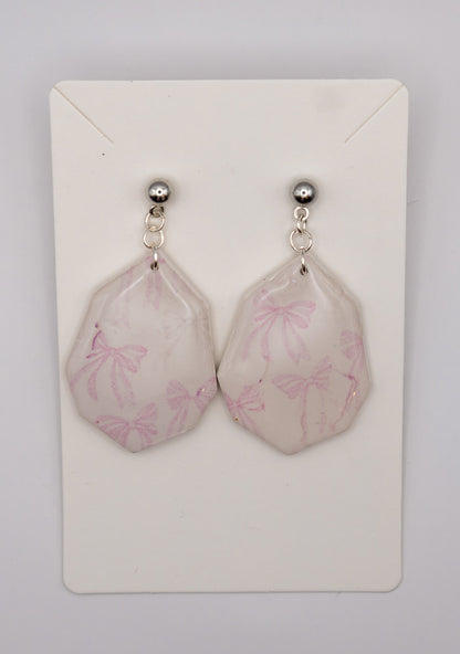 Pink & Green Bow Dangle Earrings – Polymer Clay with Platinum-Plated Studs