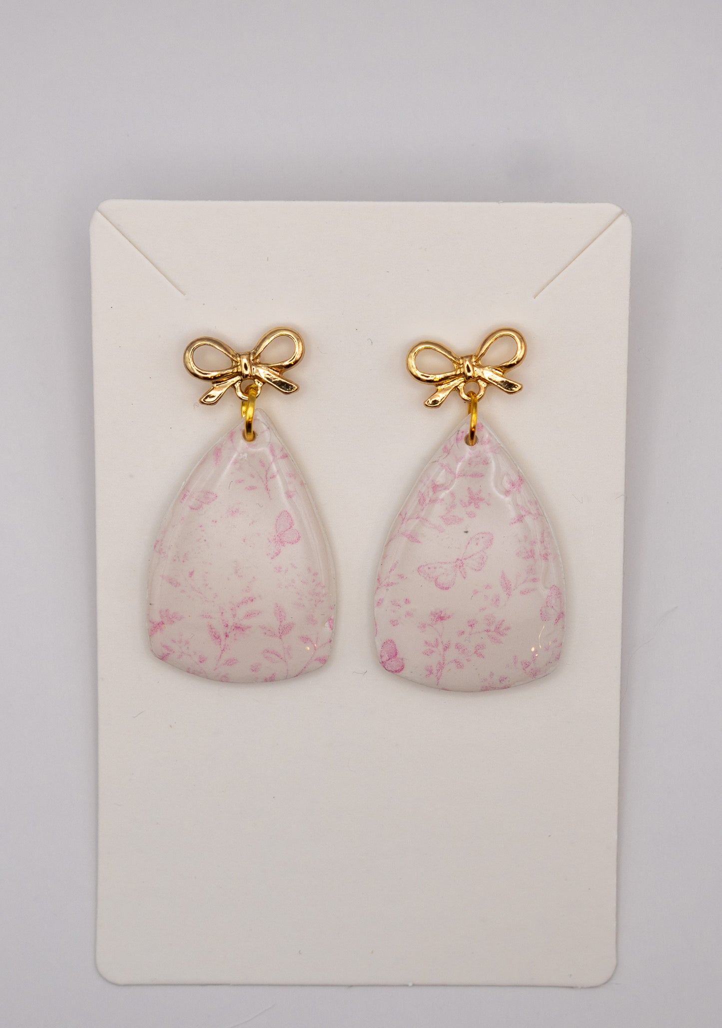 Butterfly & Pink Floral Dangle Earrings – Polymer Clay with 24K Gold Bow Studs