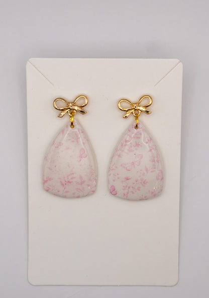 Butterfly & Pink Floral Dangle Earrings – Polymer Clay with 24K Gold Bow Studs
