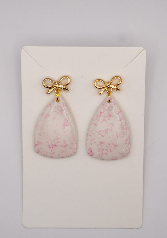 Butterfly & Pink Floral Dangle Earrings – Polymer Clay with 24K Gold Bow Studs