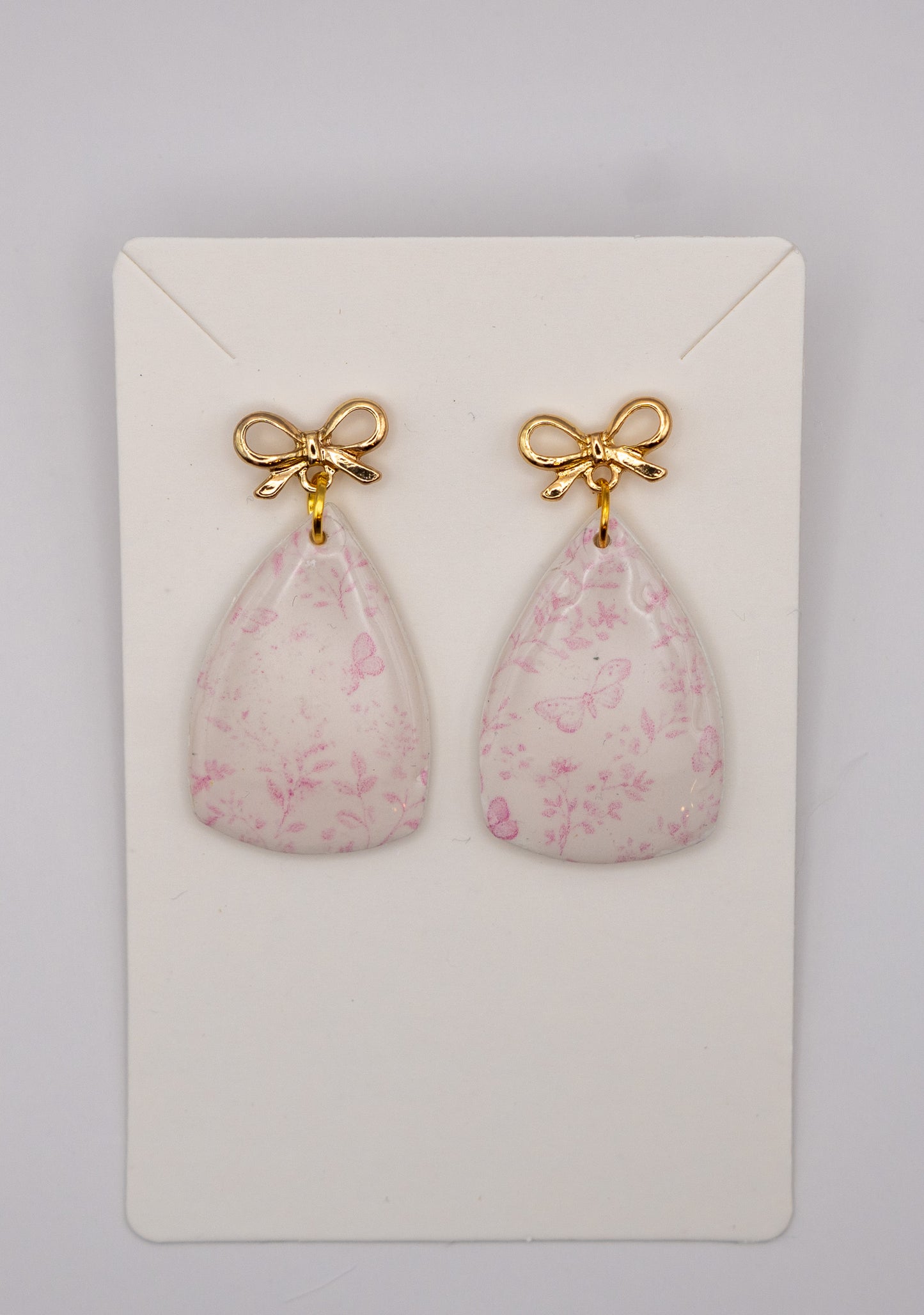Butterfly & Pink Floral Dangle Earrings – Polymer Clay with 24K Gold Bow Studs