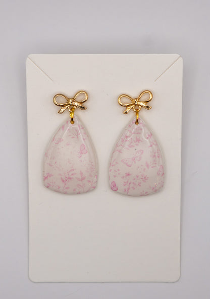 Butterfly & Pink Floral Dangle Earrings – Polymer Clay with 24K Gold Bow Studs