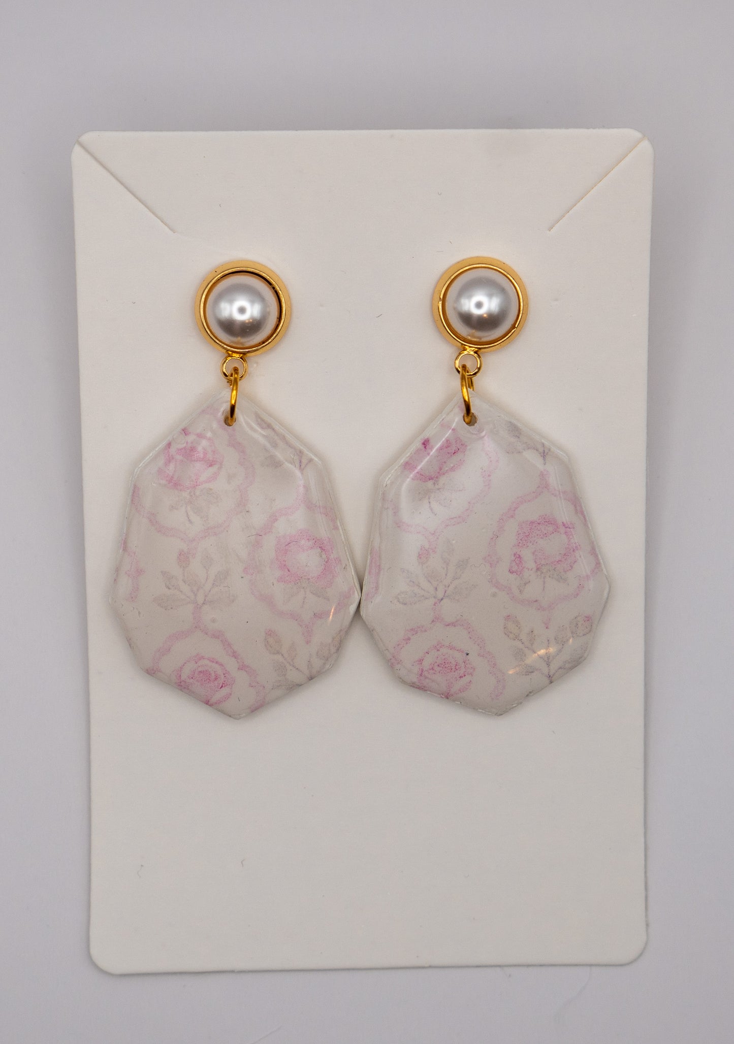 Pink Vintage Floral Coquette Dangle Earrings – Polymer Clay with 24K Gold & Pearl Studs