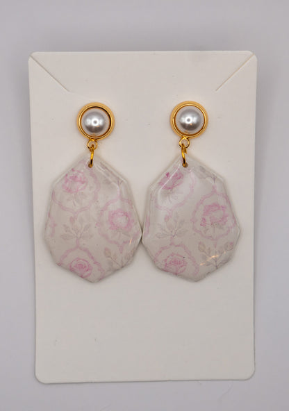 Pink Vintage Floral Coquette Dangle Earrings – Polymer Clay with 24K Gold & Pearl Studs