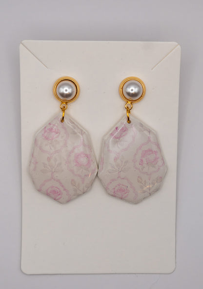 Pink Vintage Floral Coquette Dangle Earrings – Polymer Clay with 24K Gold & Pearl Studs