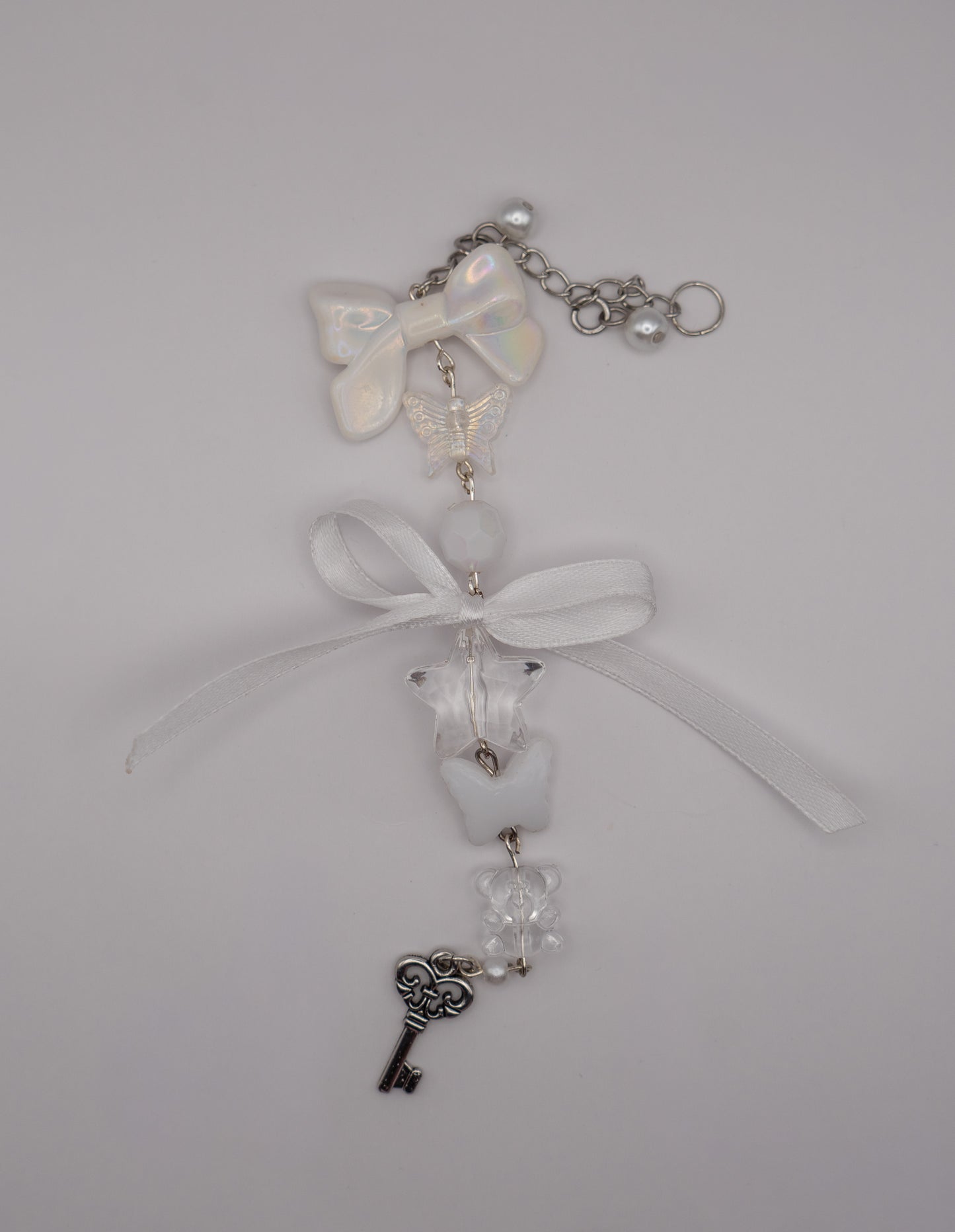Gothic Coquette White Mic & Computer Keychain with Bow and Key Charm