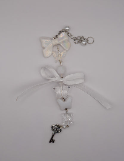 Gothic Coquette White Mic & Computer Keychain with Bow and Key Charm