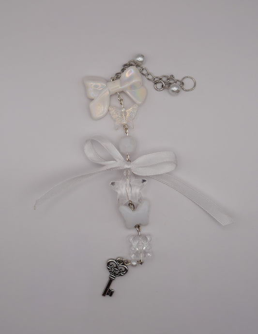 Gothic Coquette White Mic & Computer Keychain with Bow and Key Charm