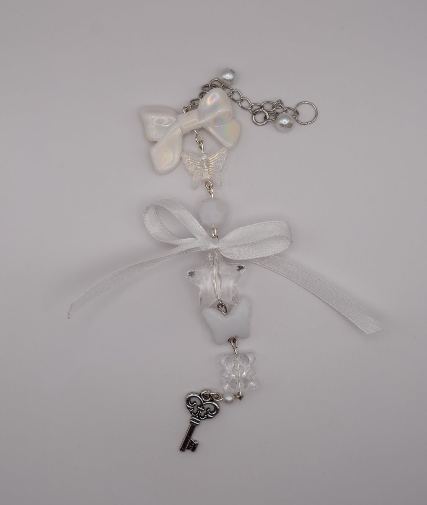 Gothic Coquette White Mic & Computer Keychain with Bow and Key Charm