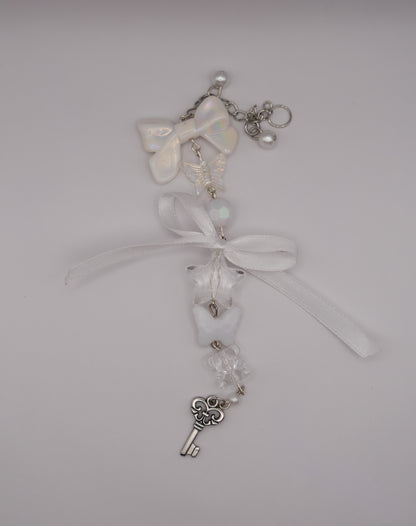 Gothic Coquette White Mic & Computer Keychain with Bow and Key Charm