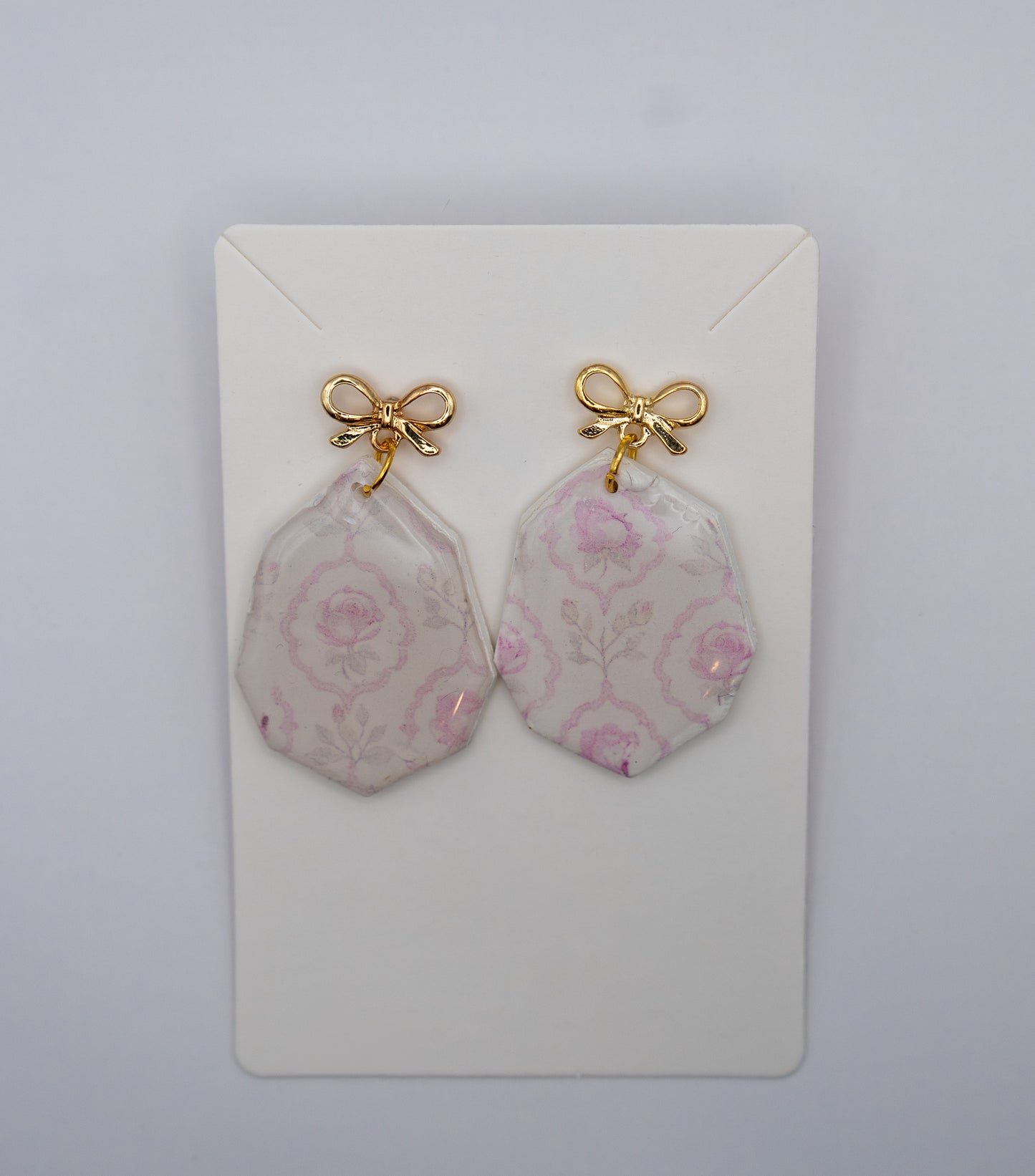 Vintage Pink Floral Dangle Earrings – 24K Gold Plated Bow Studs