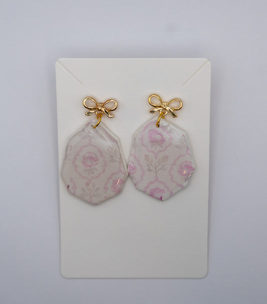 Vintage Pink Floral Dangle Earrings – 24K Gold Plated Bow Studs
