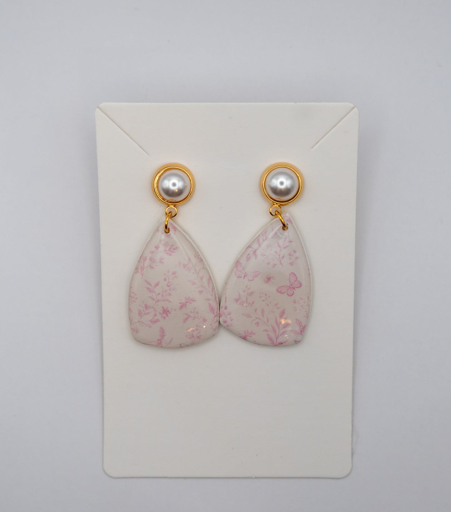 Dainty Pink Butterfly & Floral Dangle Earrings – 24K Gold Plated Pearl Studs