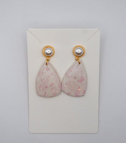 Dainty Pink Butterfly & Floral Dangle Earrings – 24K Gold Plated Pearl Studs