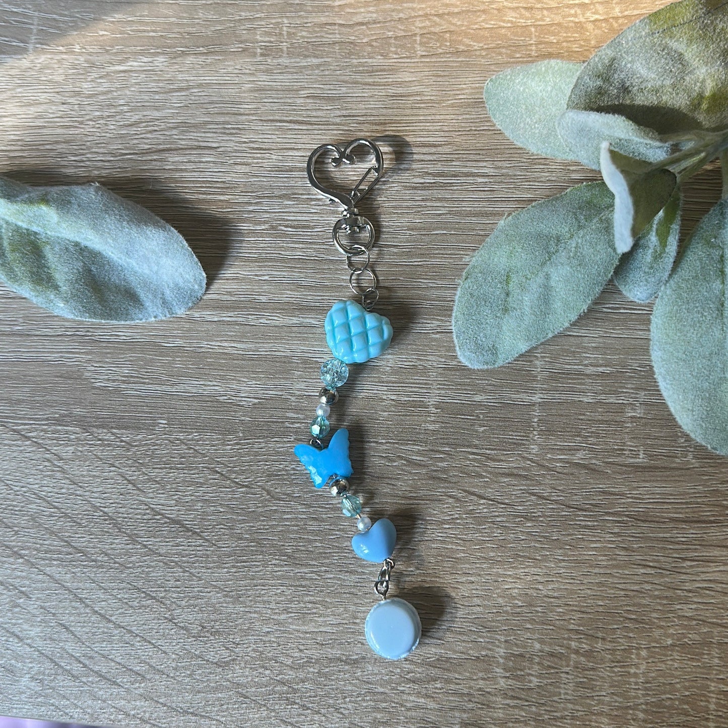 Kawaii Macaron Keychain - Handmade Beaded Keychain with Blue Macaron Charm Pastel Beads Durable Metal Clasp & Keyring 4-5 Inches Long Perfect for Macaron Lovers