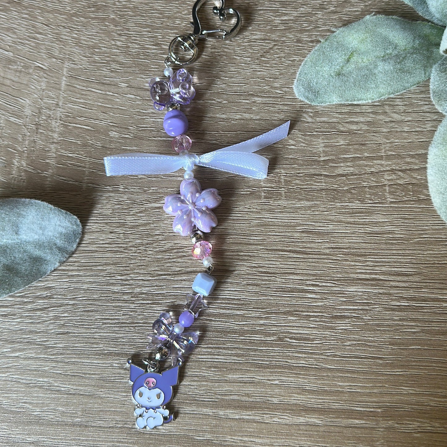 Handmade Goth Bunny Beaded Keychain with Purple Heart Charm and Bow Accents for Cute Accessories