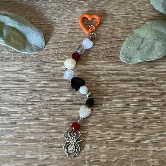 Spooky Spider Charm Keychain Handmade Beaded Keychain with Shiny Enamel Spider Charm and Orange Heart Clasp Perfect for Halloween Aesthetic Fans