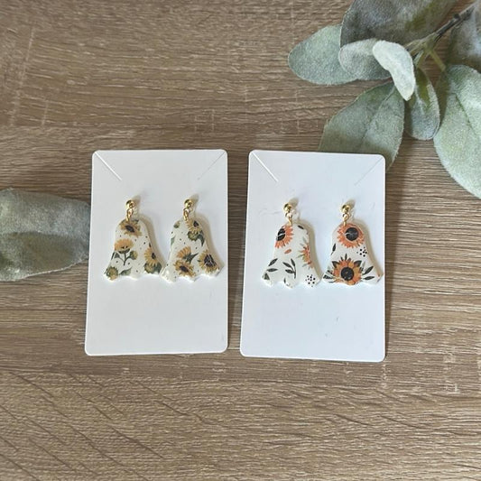 Sunflower Ghostie Earrings Handmade Polymer Clay Spooky Cute Hypoallergenic Hooks One-of-a-Kind Fall Jewelry