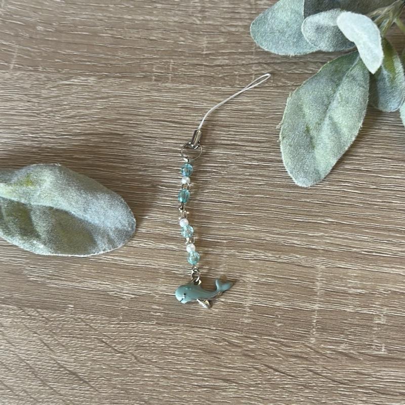 Cute Whale Beaded Phone Charm with Aquamarine Beads and Secure Ring for Easy Attachment