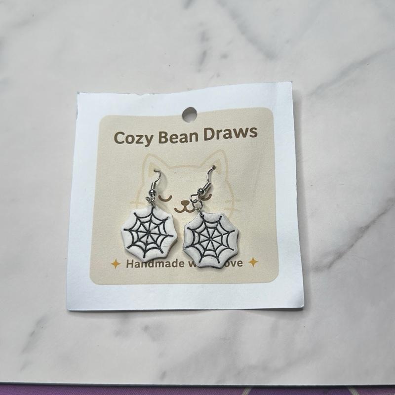 Cozy Bean Draws Handmade Spiderweb Earrings 100% Polymer Clay Creepy Cute Hypoallergenic Hooks Perfect for Spooky Season Gothic Kawaii Aesthetics Halloween Lovers