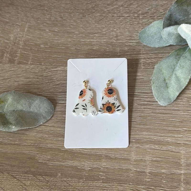 Sunflower Ghostie Earrings Handmade Polymer Clay Spooky Cute Hypoallergenic Hooks One-of-a-Kind Fall Jewelry